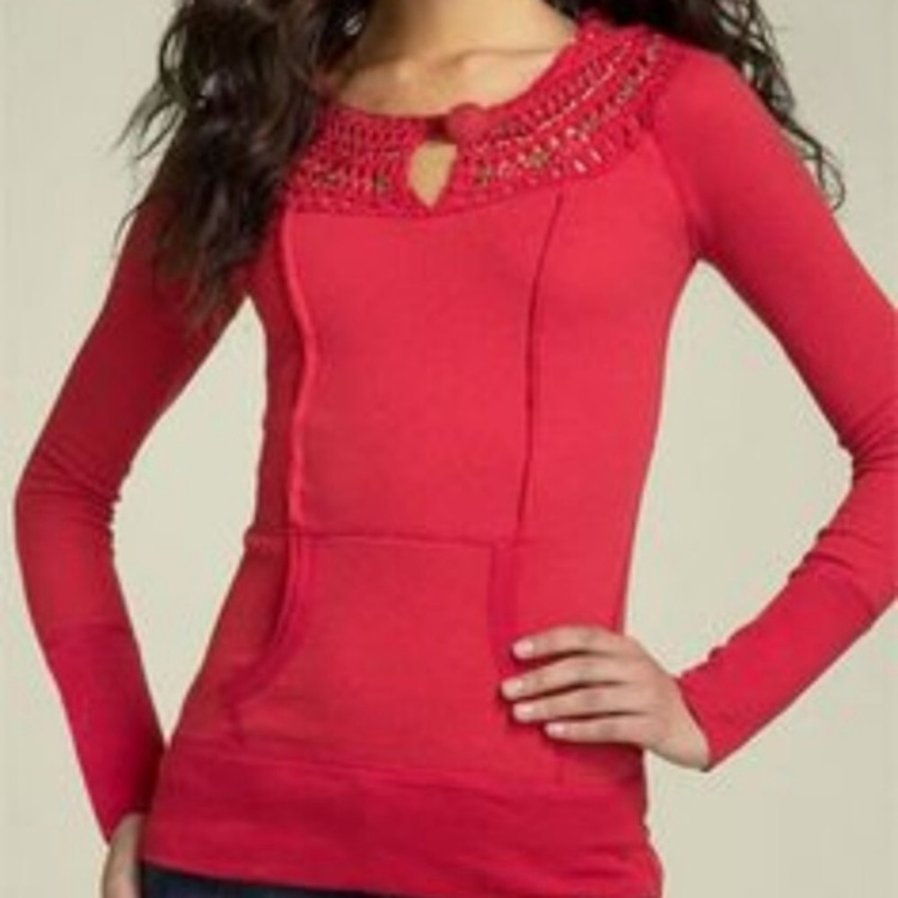 Free People Red Hooded Crochet Thermal Cuff Henley